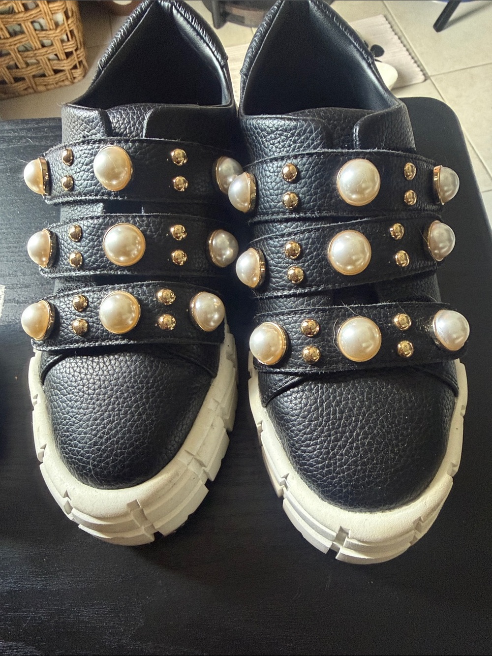 Karl Lagerfeld Black Pearl-Accented Platform Sneakers